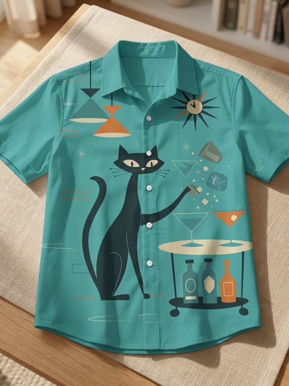 Midnight Cat Art Resort Shirt • Retro Teal Print • Unisex Casual Button‑Up - Picture 3 of 5